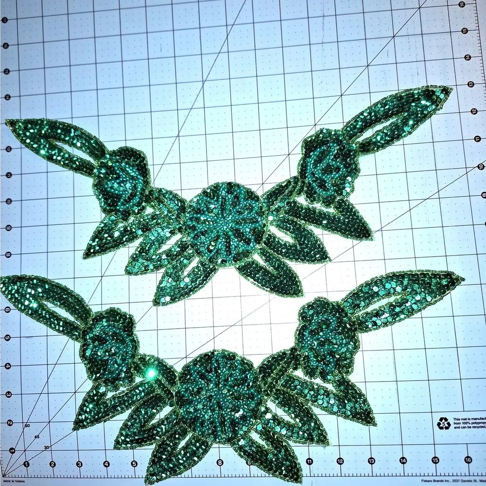 Green sequin and bead flower neckline applique set of 2